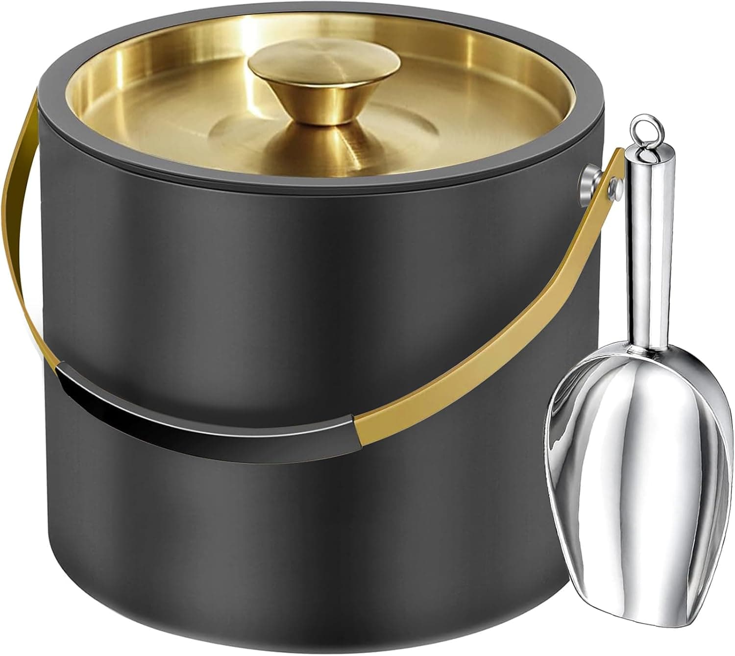 3.2L Modern Insulated Ice Bucket with Silicone Lid, Scoop, Strainer, Double Wall Stainless Steel Ice Bucket for Parties & Cocktail Bar,Ideal for Gift