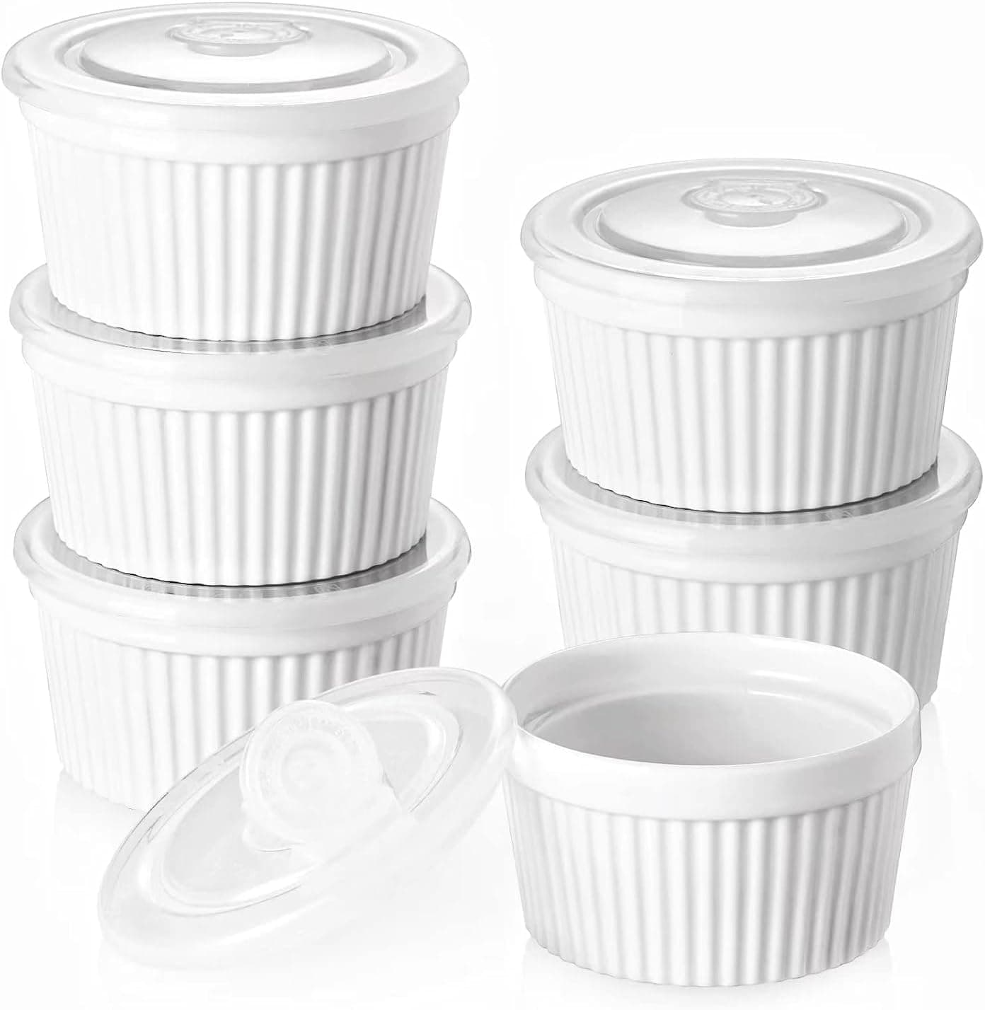 DOWAN Ramekins 8 oz Oven Safe with Lids, Creme brulee Souffle Ramekins with Covers, Porcelain White Ramekins for Baking, Stackable, Set of 6