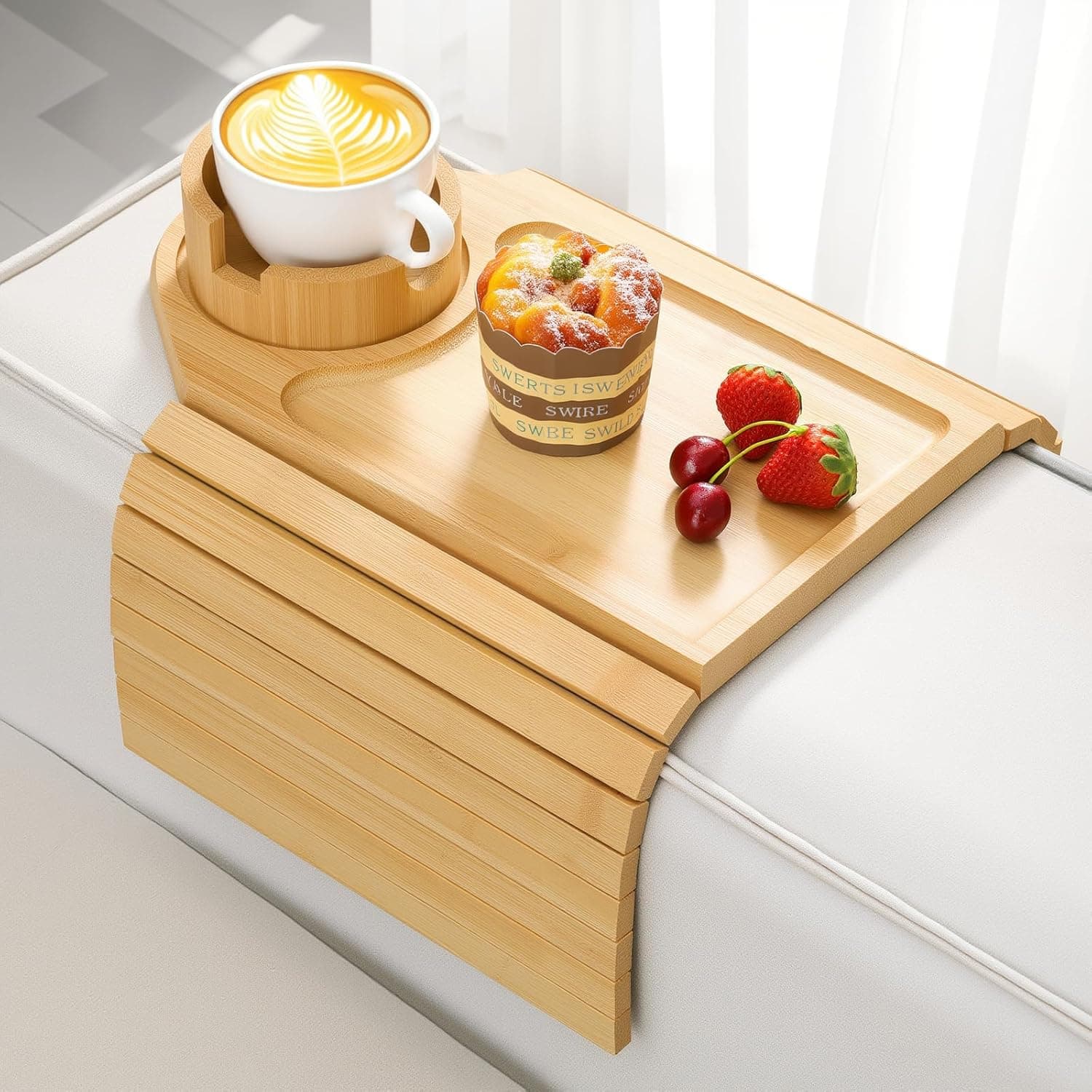 Couch Arm Tray, Bamboo Sofa Table for Couch, Sofa Arm Tray with Cup Holder, Non-Slip Armrest Organizer for Drink, Cup, Snack, Control, Easy to Clean, Natural
