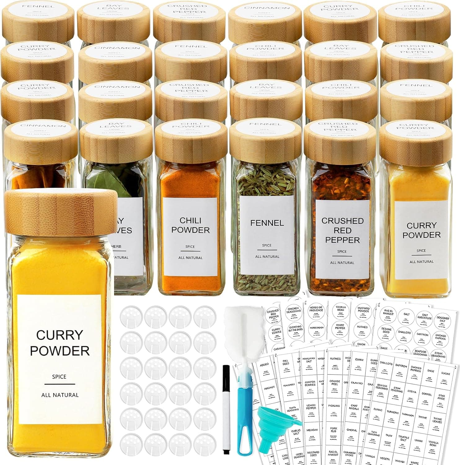 AISIPRIN 24 Pcs Glass Spice Jars with Bamboo Airtight Lids and 398 Labels, 4oz Empty Square Containers Seasoning Storage Bottles